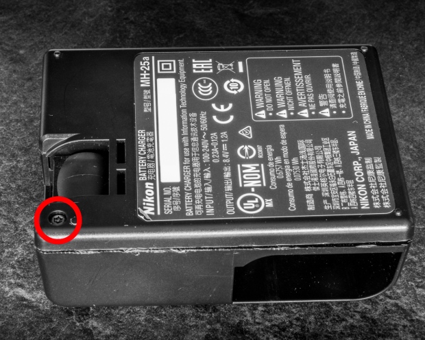 The Single Torx Screw on the Rear of the Nikon MH-25 Battery Charger