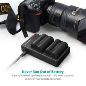 EN-EL15 RAVPower 2100mAh Rechargeable Camera Battery and Charger Set for Nikon (2x Replacement Batteries, 2.1A USB Input, 100% Compatible with Original) - Black 